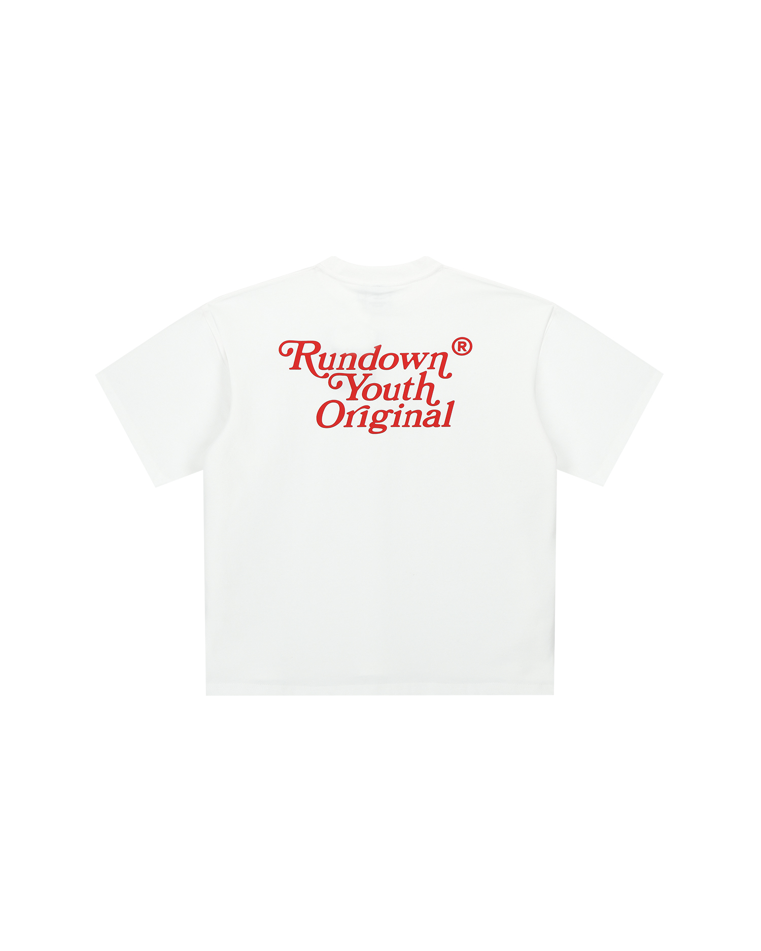 White grapic tee with red letters